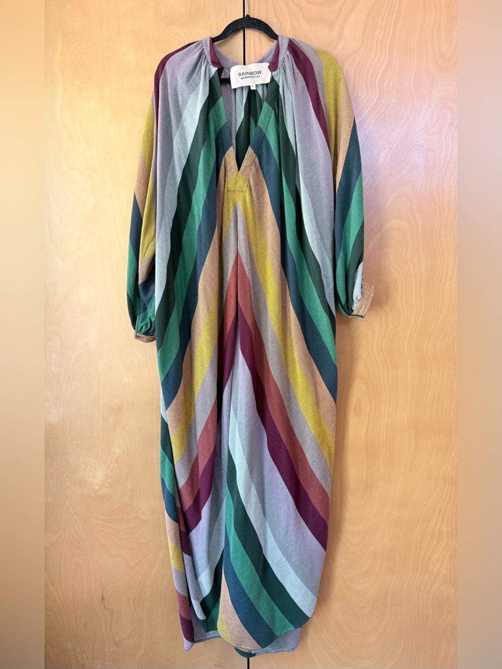 MARRAKSHI LIFE Rainbow Striped Caftan Maxi Dress in Green, Yellow, Burgundy